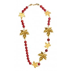 Collier feuilles doré gorgones rouges