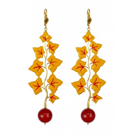 Boucles d'oreilles feuilles dorés et lacqués jaune rouge