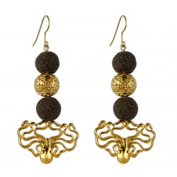 gold plated Octopus  and black lava stone  Earrings