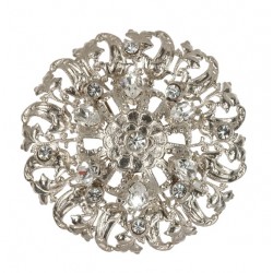 Silver plated round Filigree Brooch With white swarovski crystal