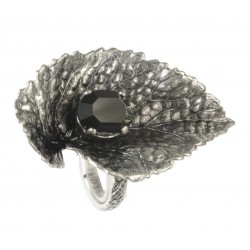 old plated silver leaf black crytal ring