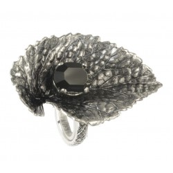 Bague feuille vieil argent cristal noir