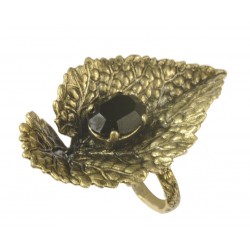 old plated gold leaf black crytal ring