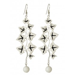 silver plated white and black leaves with white ston earrings