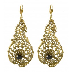 Boucles d'oreilles filigrane poire vieil or crystal noir