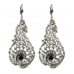 Boucles d'oreilles filigranes poires vieil argent crystal noir