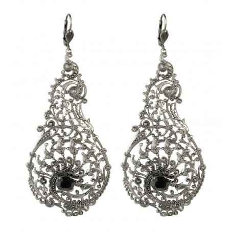 Boucles d'oreilles filigranes poires vieil argent crystal Swarovski noir