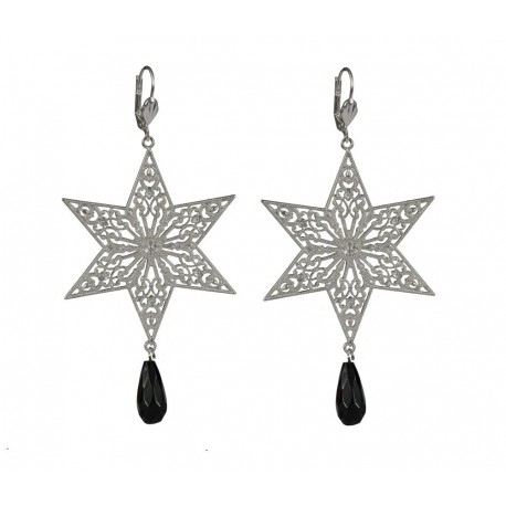 BOUCLES D'OREILLES ETOILES ARGENTE +PIERRE NOIR