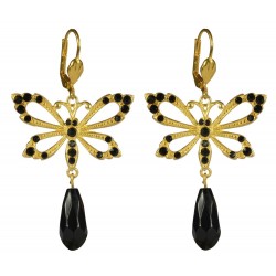gold plated buterfly with black strass earrings