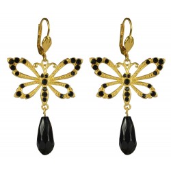 Boucles d'oreilles papillons dore strass noir