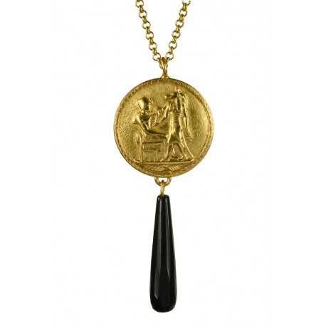 Pendentif Médaille Egyptienne Doré et Onyx Noir