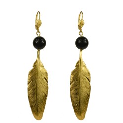 Boucles d oreilles plumes dore onyx noire