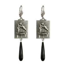 Old silver plated angel and stork WITH BLACK ONYX earrings