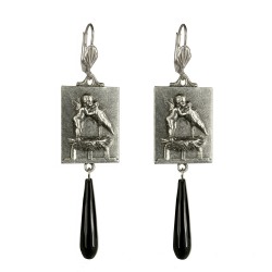 Boucles d oreilles ange et cigogne vieil argent onyx noir