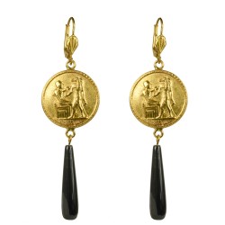 BOUCLES D OREILLES MEDAILLE EGYPTE DORE ONYX NOIR