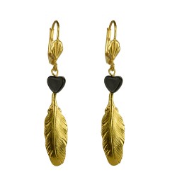 Gold plated feather with black heart earrings