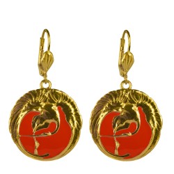 Gold plated red COLD enamel swann earrings