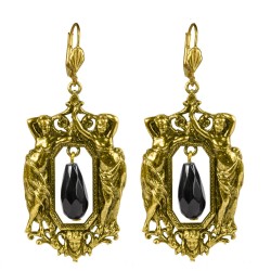 Old gold plated women frame black onyx earrings