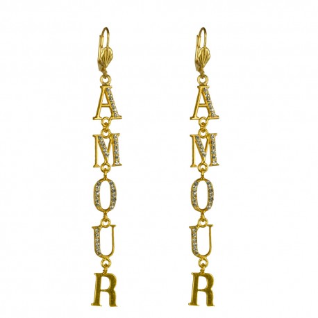 BOUCLES D OREILLES LETTRES AMOUR DORE STRASS