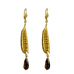 Boucles d oreilles petits pois dore et oeil de tigre