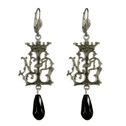 Boucles d oreilles monogramme vieil argent agathe noire