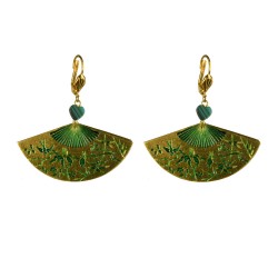 Boucles d oreilles eventail chinois email a froid vert dore et coeur malachite