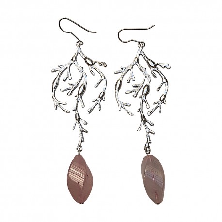 BOUCLES D'OREILLES ALGUES VIEIL ARGENT ET  QUARTZ ROSE