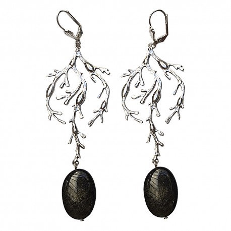 BOUCLES D OREILLES ALGUES VIEL ARGENT ET PIERRE GRISE