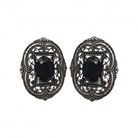 BOUCLES D'OREILLES FILIGRANE OVALE  VIEIL ARGENT STRASS NOIR