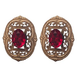 BOUCLES D OREILLES FILIGRANE OVALE BRONZE STRASS ROUGE