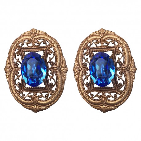 BOUCLES D OREILLES FILIGRANE OVAL BRONZE STRASS BLEU