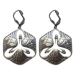 BOUCLES D'OREILLES MEDAILLES CYGNES DORE EMAIL VERTE