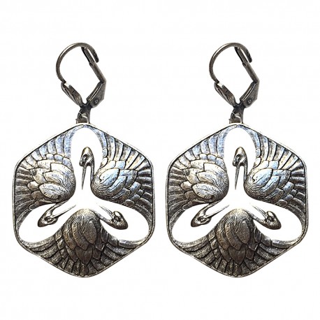 BOUCLES D'OREILLES MEDAILLES CYGNES DORE EMAIL VERTE