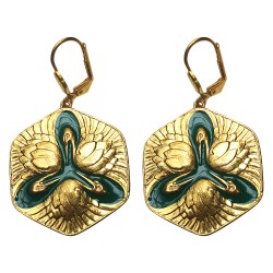 BOUCLES D OREILLES MEDAILLE CYGNE LAQUE DORE EMAIL VERT