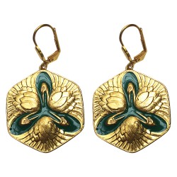 GOLD PLATED SWANN WITH GREEN COLD  ENAMEL EARRINGS