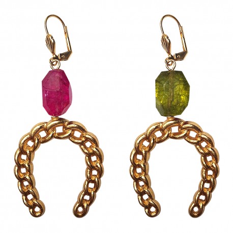 GOLD PLATED HORSESHOES WITH COLORED CRYSTAL EARRINGS