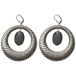 BOUCLES D OREILLES CREOLES ARGENTEES AVEC OBSIDIENNE