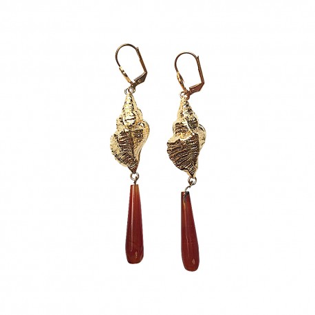 BOUCLES D OREILLES COQUILLE DOREES CORNALINE