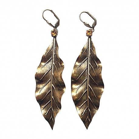 BOUCLES D OREILLES FEUILLES DOREES AVEC STRASS