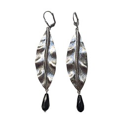 SILVER PLATED LEAVES WITH BLACK AGATHE EARRINGS