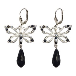 SILVER PLATED BUTTERFLY WITH BLACK STRASS EARRINGS