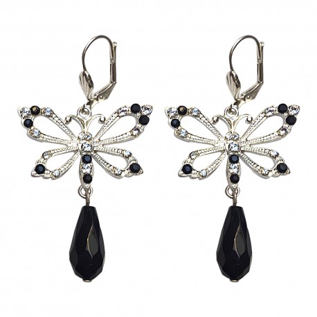 BOUCLES D OREILLES PAPAILLON ARGENTEES STRASS NOIRS