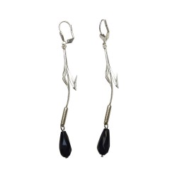 SILVER PLATED BAMBOU WITH BLACK AGATHE EARRINGS