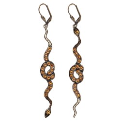 OLD SILVER PLATED SNAKE WITH BLUE STRASS EARRINGS