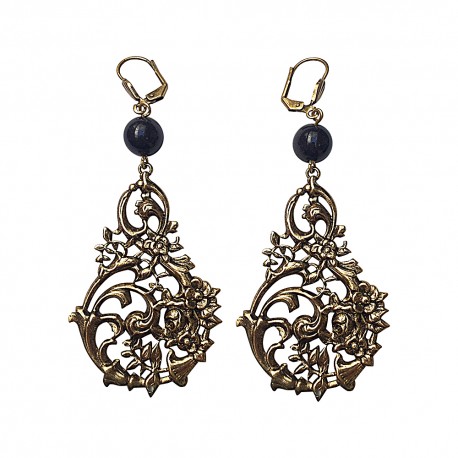 BOUCLES D OREILLES FILIGRANE FLEUR VIEL OR ET PIERRE