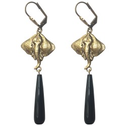 Boucles d'oreilles raie onyx noir dorees