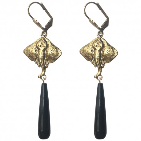 BOUCLES D'OREILLES RAIE ONYX NOIR DOREES