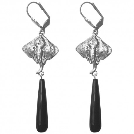 BOUCLES D'OREILLES RAIE ONYX NOIR ARGENTEES