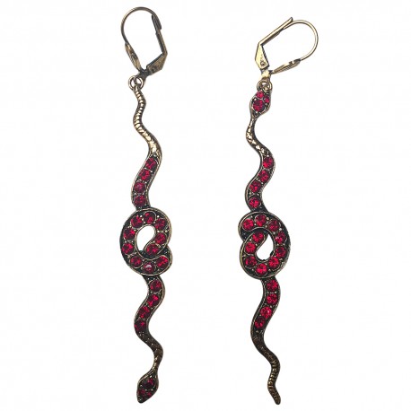 BOUCLES D OREILLES SERPENTS VIEL OR STRASS ROUGE