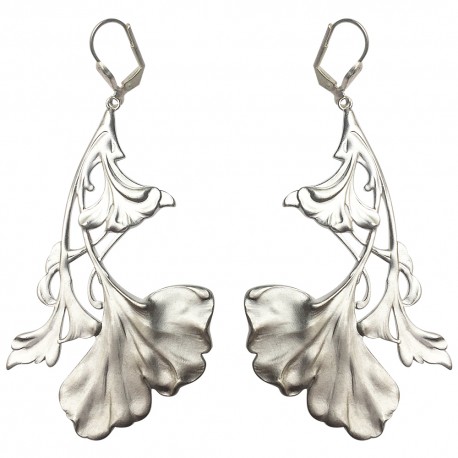 BOUCLES D OREILLES FLEUR DE GINGKO ARGENTEES MAT